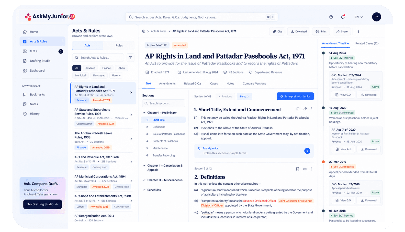 AskMyJunior AI Acts & Rules module screenshot