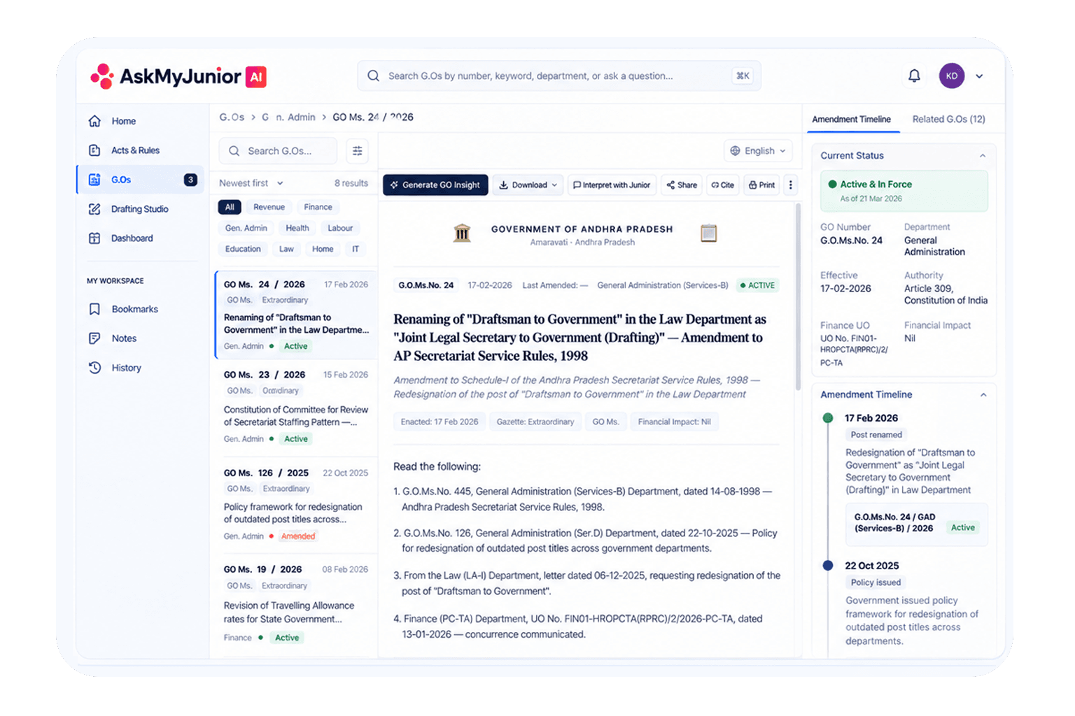 AskMyJunior AI Government Orders module screenshot
